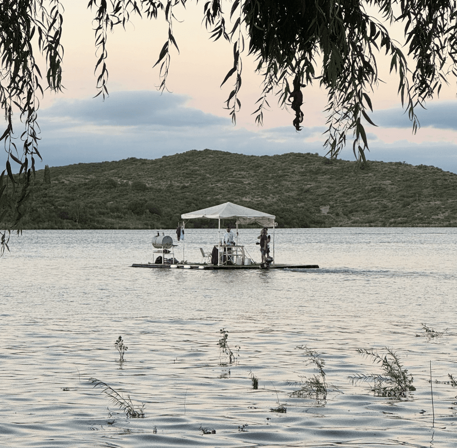 Fishing from the custom raft on the lake